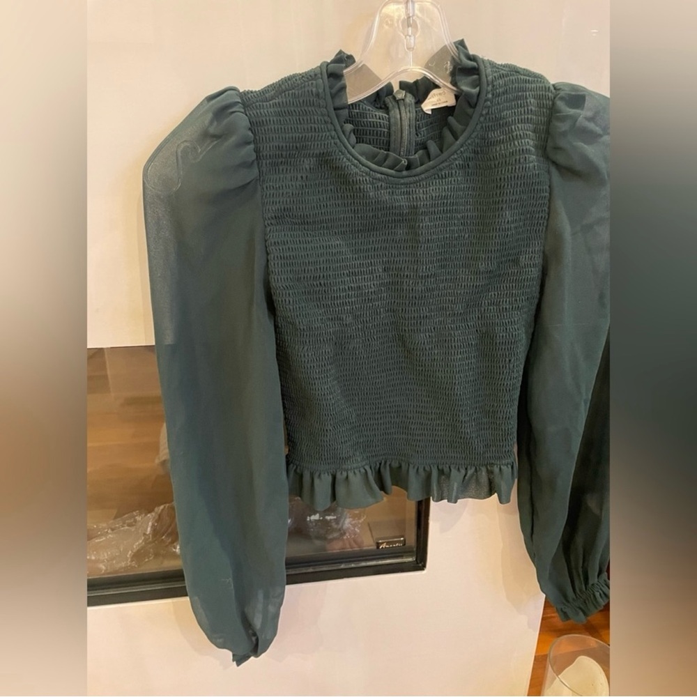 Aritzia Wilfred Blue Green Smocked Top with Sheer Puff Sleeves